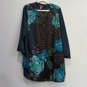 Bob Mackie Wearable Art Mixed Floral Print Button Up Tunic Top Teal Black 3X